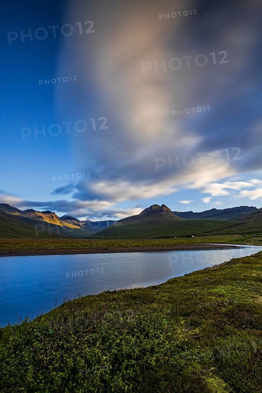 River, mountains, clouds, morning light, long exposure, summer, Stodvarfjördur, East Fjords, Iceland