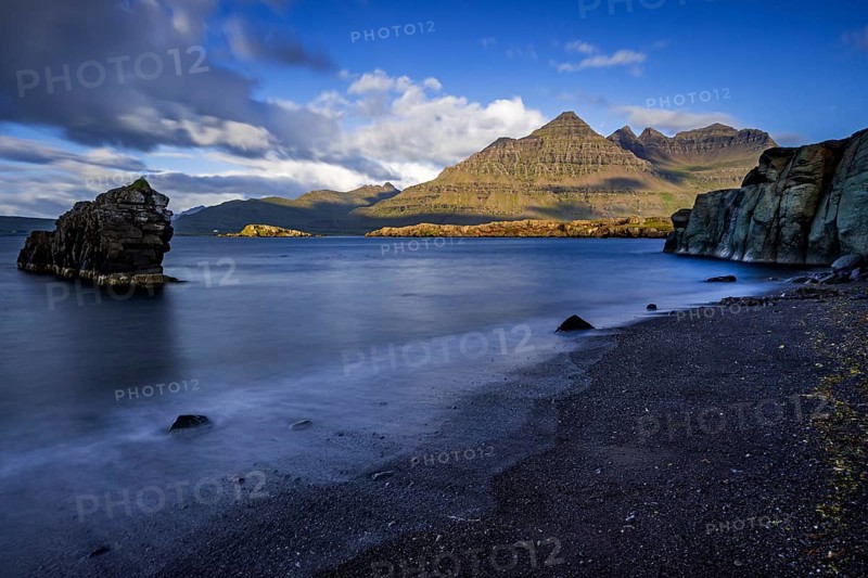 Sea, surf, beach, shore, cliff, mountains, clouds, morning light, long exposure, summer, Berufjördur, Blabjörg cliffs, Teigarhorn behind, East Fjords, Iceland