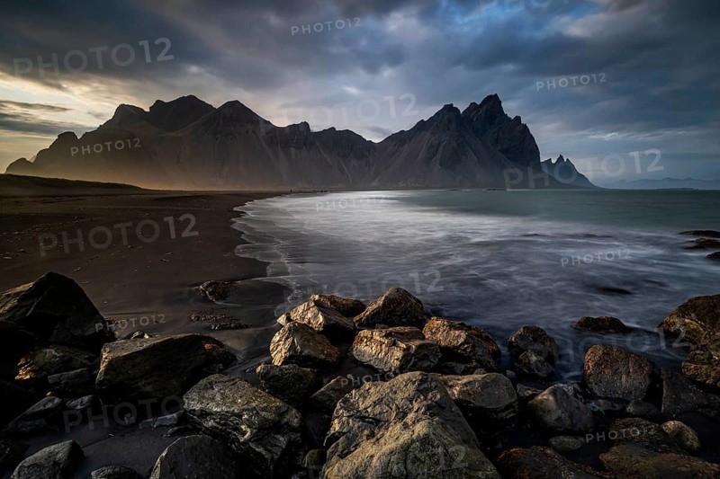 Mountains, mountain range, beach, sea, waves, surf, reflection, clouds, evening light, coast, summer, Vestrahorn, Stokksnes, Höfn, Iceland