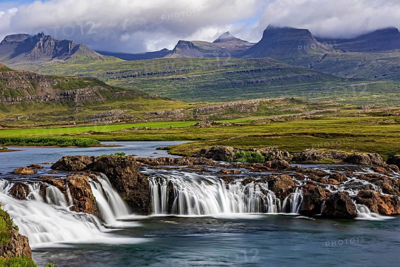 Waterfall, river, sunny, mountains, long exposure, summer, Beljandi, Breiddalsvik, East Fjords, Iceland