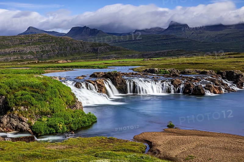 Waterfall, river, sunny, mountains, long exposure, summer, Beljandi, Breiddalsvik, East Fjords, Iceland