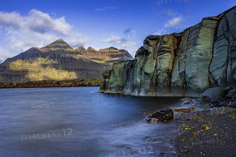 Sea, surf, beach, shore, cliff, mountains, clouds, morning light, long exposure, summer, Berufjördur, Blabjörg cliffs, Teigarhorn behind, East Fjords, Iceland