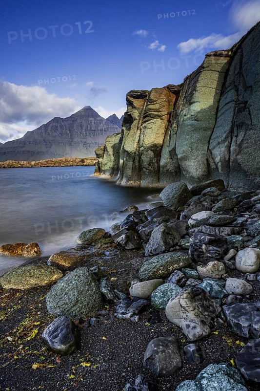 Sea, surf, beach, shore, cliff, mountains, clouds, morning light, long exposure, summer, Berufjördur, Blabjörg cliffs, Teigarhorn behind, East Fjords, Iceland