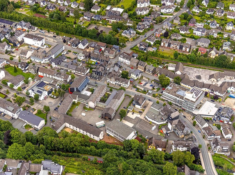 Aerial view, Johannes-Althusius-Gymnasium, district court and police station, St. Marien church, Sparkassen building, Poststraße federal road B480, Bad Berleburg, Wittgensteiner Land, North Rhine-Westphalia, Germany, district court, architecture, motorway, bank, federal road B480, building, court, infrastructure, church, complexity, landscape, aerial view, local view, police, police station, Poststraße, school, settlement, summer, town, urban development, town centre, road network, urban, traffic, public service
