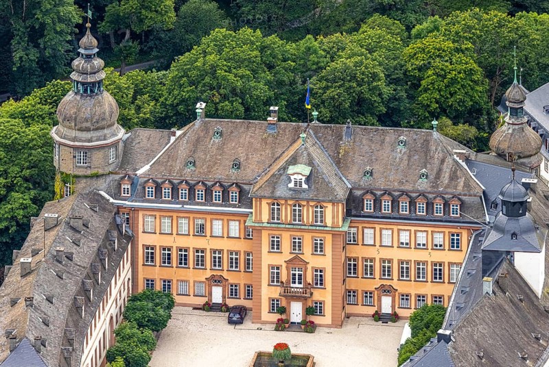 Aerial view, Schloss Berleburg, residence castle of the Sayn-Wittgenstein family, Bad Berleburg, Wittgensteiner Land, North Rhine-Westphalia, Germany, nobility, estate, architecture, exterior view, castle, monument, heritage, Europe, Sayn-Wittgenstein family, building, history, green spaces, hill, culture, landscape, panorama, region, residence, residence castle, sight, tourism, forest, historical, rural