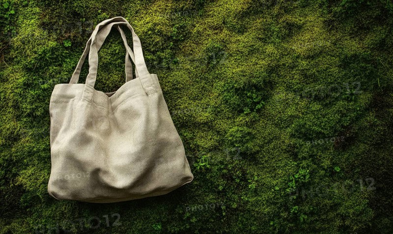 A white bag is sitting on a green mossy surface. The bag is open and the handle is visible. The scene has a natural and peaceful feel to it, with the bag blending in with the surrounding environment. AI generated