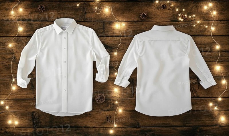 Two white shirts are displayed on a wooden surface. The shirts are hanging on a wall and are not visible. The background is decorated with Christmas lights. AI generated
