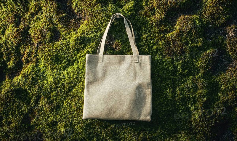 A white bag is sitting on a mossy rock. The bag is open and the moss is covering the rock. AI generated