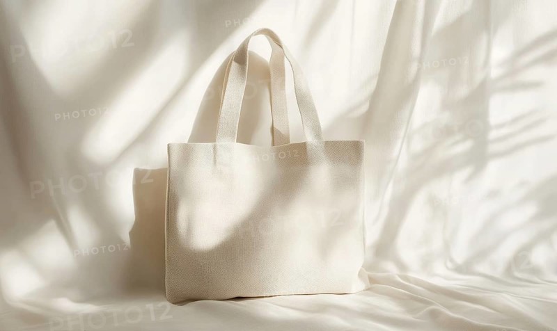 A canvas bag in soft sunlight with shadows, highlighting its creamy fabric and texture. AI generated
