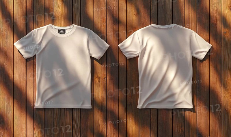 Two white t-shirts are hanging on a wooden surface, one on the left and one on the right. The t-shirts are both plain and have no design or writing on them. Scene is simple and minimalistic. AI generated