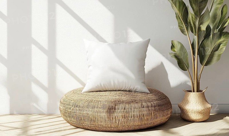 A white pillow sits on a round wicker seat in front of a large potted plant. The room is bright and airy, with sunlight streaming in through the window. The combination of the pillow, seat. AI generated