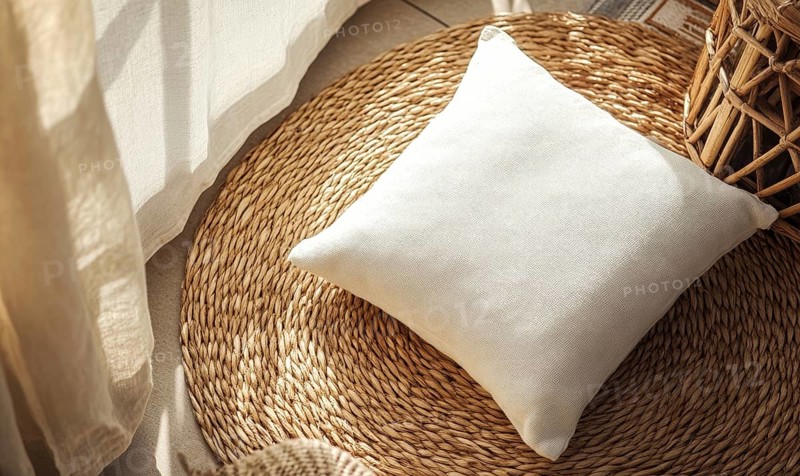 A white pillow sits on a woven rug in front of a window. The pillow is unoccupied and the rug is brown. The scene is simple and peaceful, with the pillow and rug providing a sense of comfort. AI generated