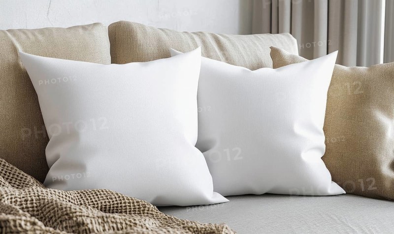 Minimalist seating area featuring white and beige pillows with a checked blanket creating a serene ambiance. AI generated