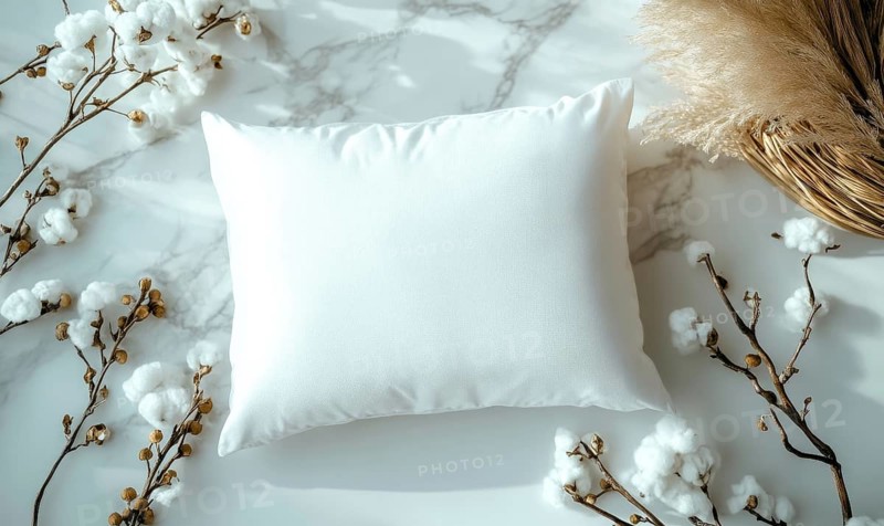 A white pillow on a marble surface framed by cotton branches with soft ambient lighting. AI generated