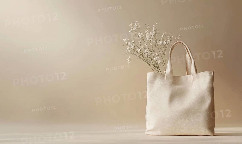 A white canvas bag with a white flower in it. The bag is placed on a white background. AI generated