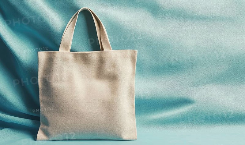 A white bag is on a blue background. The bag is open and the handle is visible. The bag is placed on a table or a surface. AI generated