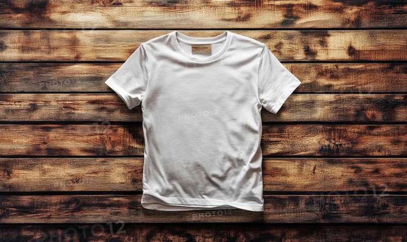 A white t-shirt is displayed on a wooden surface. The shirt is unbuttoned and has a tag on the back. The wooden surface gives the image a rustic and natural feel. AI generated