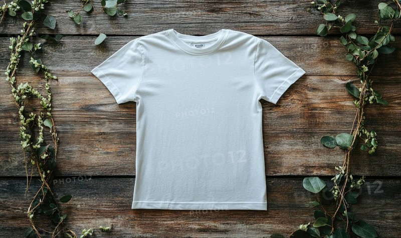 A white t-shirt is sitting on a wooden table. The shirt is unbuttoned and has no design on it. The table is surrounded by green leaves, giving the scene a natural and calming atmosphere. AI generated