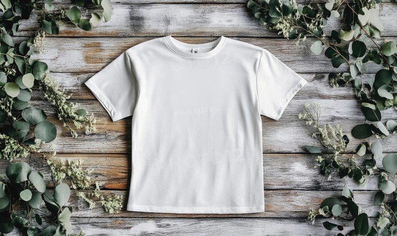 A white t-shirt is displayed on a wooden surface with green leaves surrounding it. Concept of simplicity and natural beauty, as the white shirt stands out against the backdrop of the green leaves. AI generated