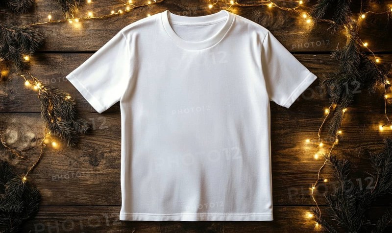 A white t-shirt is sitting on a wooden table. The shirt is unbuttoned and has no design on it. The table is covered with Christmas lights, creating a festive atmosphere. AI generated