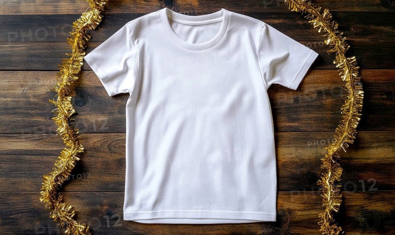 A white shirt is on a wooden table with a gold and silver garland. The shirt is unbuttoned and has no design on it. AI generated