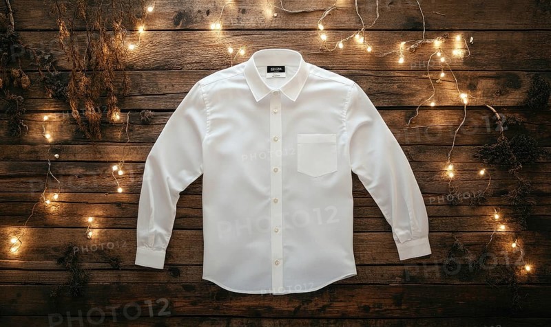 A white shirt is displayed on a wooden surface. The shirt is neatly pressed and has a button-up collar. Concept of simplicity and elegance. AI generated