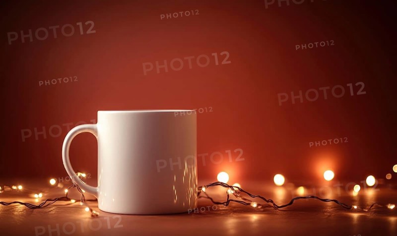 A white coffee cup sits on a table with a red background. The cup is empty and the table is illuminated by a string of lights. The scene conveys a cozy and warm atmosphere. AI generated