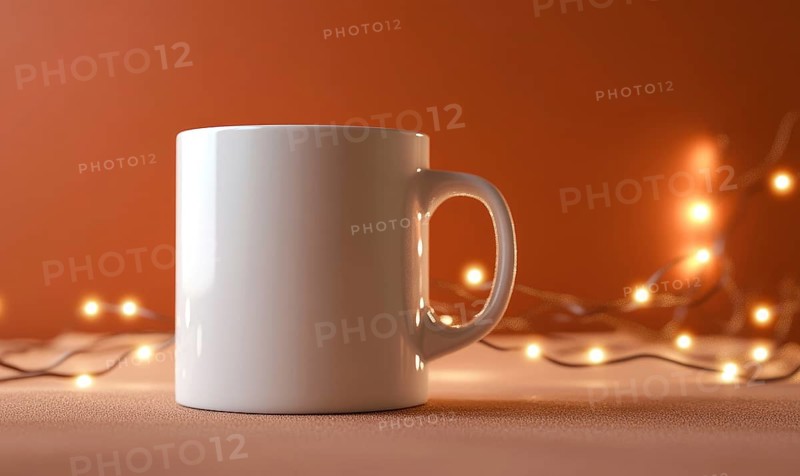 A white coffee mug sits on a table with a warm orange background. The mug is empty, but it is the perfect vessel for a hot beverage. The warm glow of the lights in the background creates a cozy. AI generated