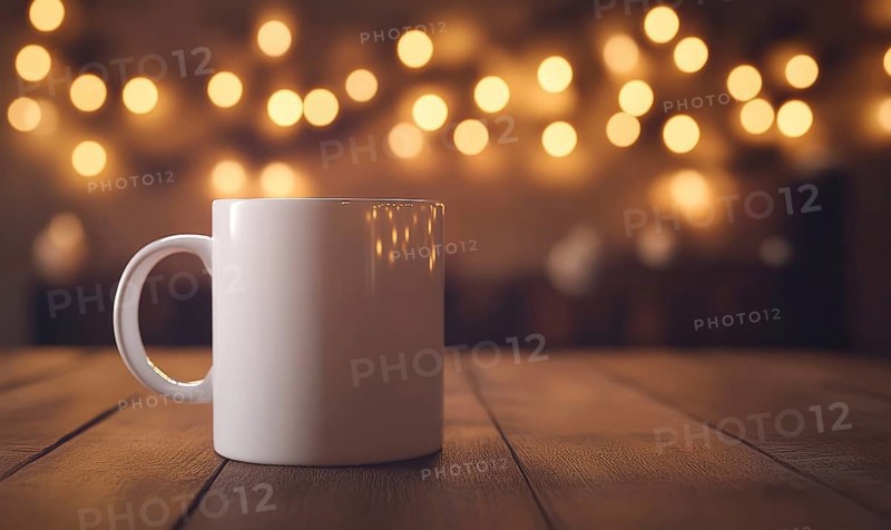 A white coffee mug sits on a wooden table. The table is lit by a light source, creating a warm and cozy atmosphere. The mug is empty, but it is positioned in a way that it is filled with coffee. AI generated
