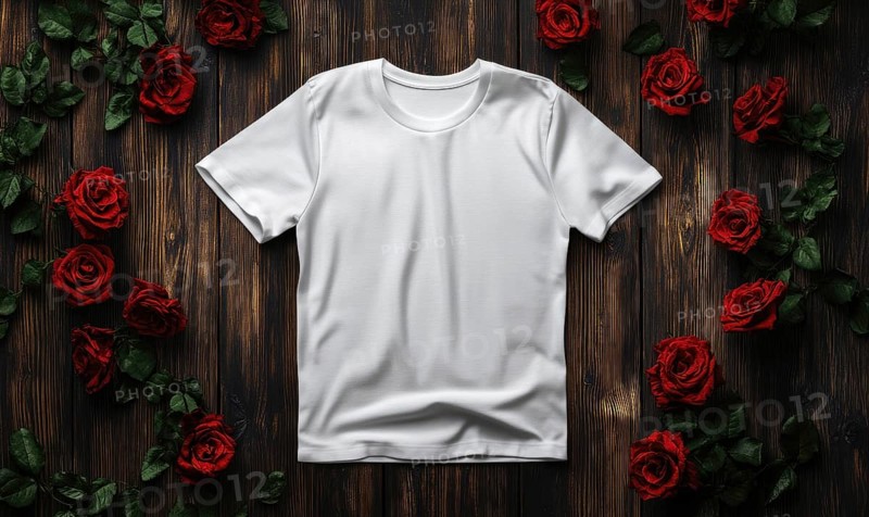 A white t-shirt is displayed on a wooden surface with red roses surrounding it. Concept of elegance and sophistication, as the white shirt is the focal point of the scene. AI generated