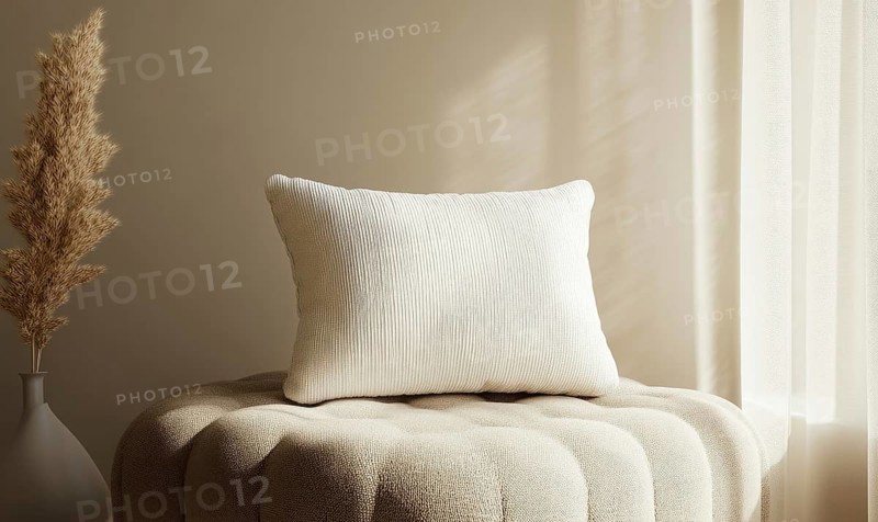 A white pillow sits on a white cushion. The pillow is placed on a round cushion, which is also white. The pillow is the main focus of the image, and it is a decorative item. AI generated