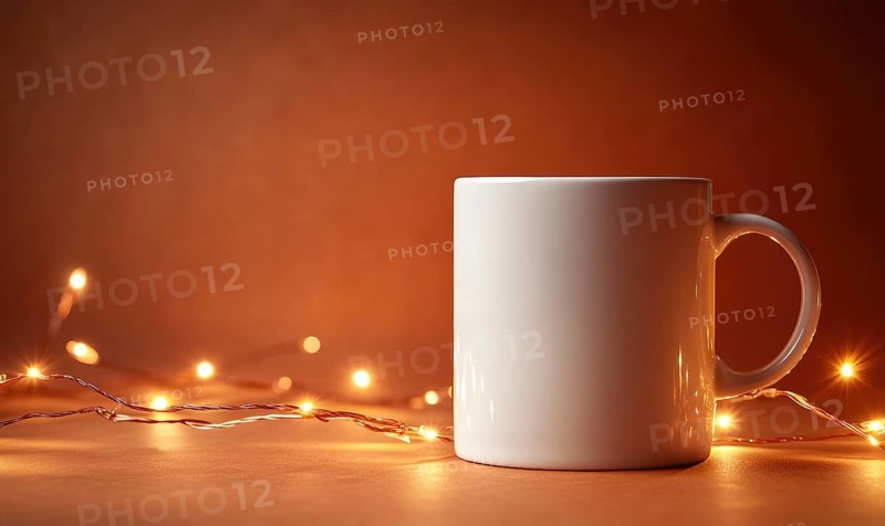 A white coffee cup sits on a table with a string of lights behind it. The lights create a warm and cozy atmosphere, perfect for enjoying a hot cup of coffee on a chilly day. AI generated