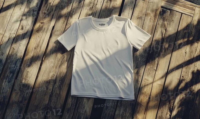 A white shirt is laying on a wooden surface. The shirt is unbuttoned and has a collar. The shirt is laying on the surface in a way that it is not visible. AI generated