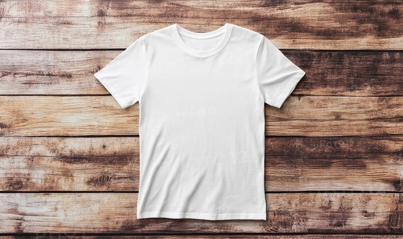 A white t-shirt is laying on a wooden surface. The shirt is unbuttoned and has no design or writing on it. Concept of simplicity and minimalism, with the focus on the plain white shirt. AI generated