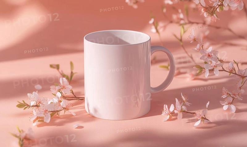 A white coffee cup sits on a pink background with pink flowers. The cup is empty and the flowers are in full bloom. Concept of freshness and tranquility, as the cup and flowers are both simple. AI generated