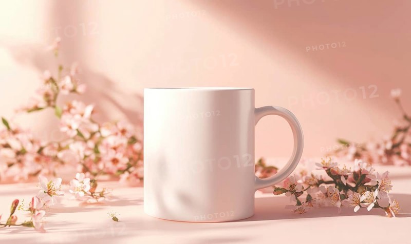 A white coffee cup sits on a table next to a bunch of pink flowers. The cup is empty and the flowers are in full bloom, creating a serene and peaceful atmosphere. AI generated