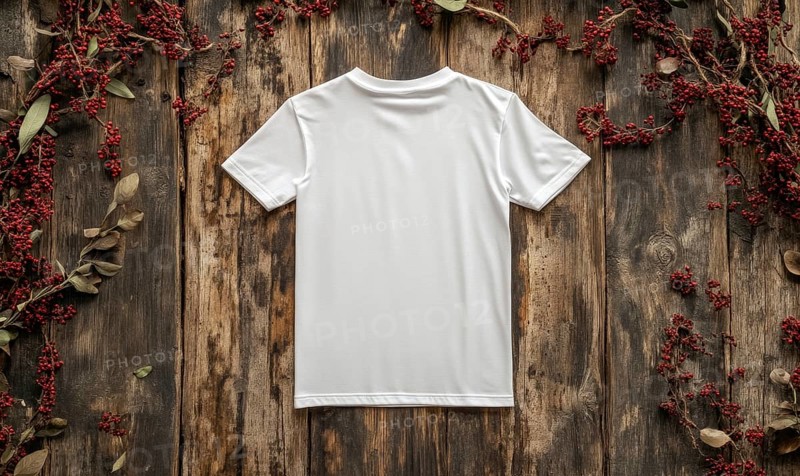A white t-shirt is displayed on a wooden table with red berries in the background. The t-shirt is unbuttoned and the sleeves are rolled up. The image conveys a casual and relaxed mood. AI generated