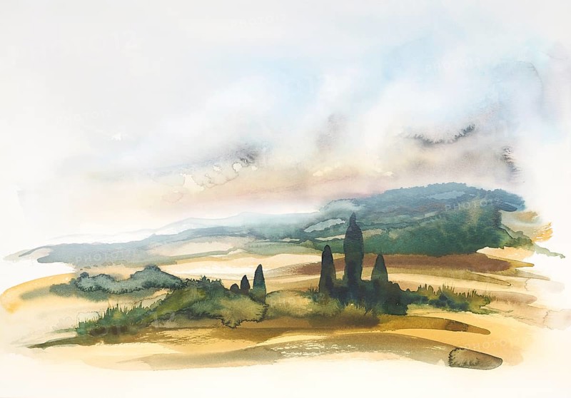 Watercolor painting showing a landscape in Tuscany at summer time