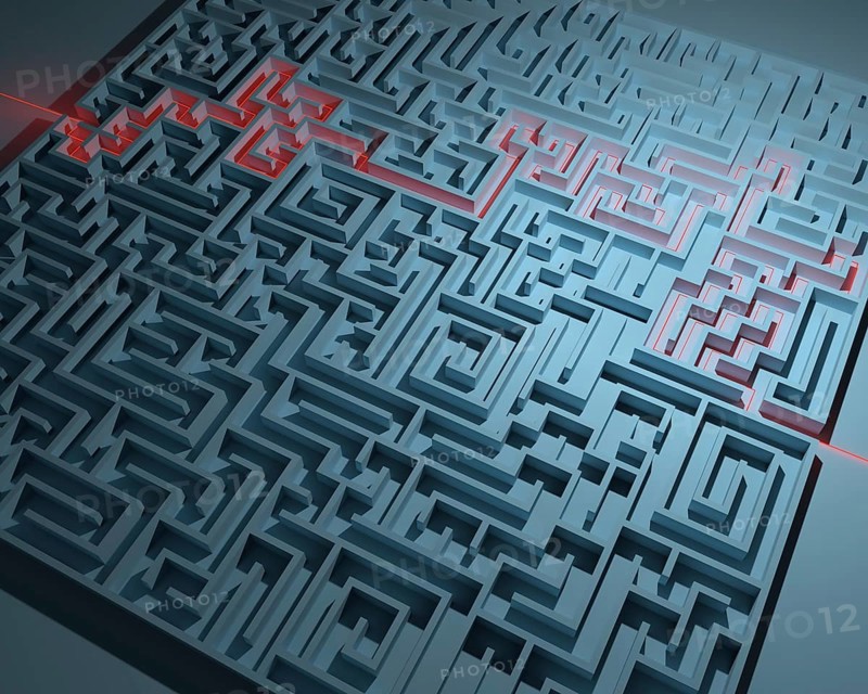 Labyrinth with red illuminated way through in blue ambiance