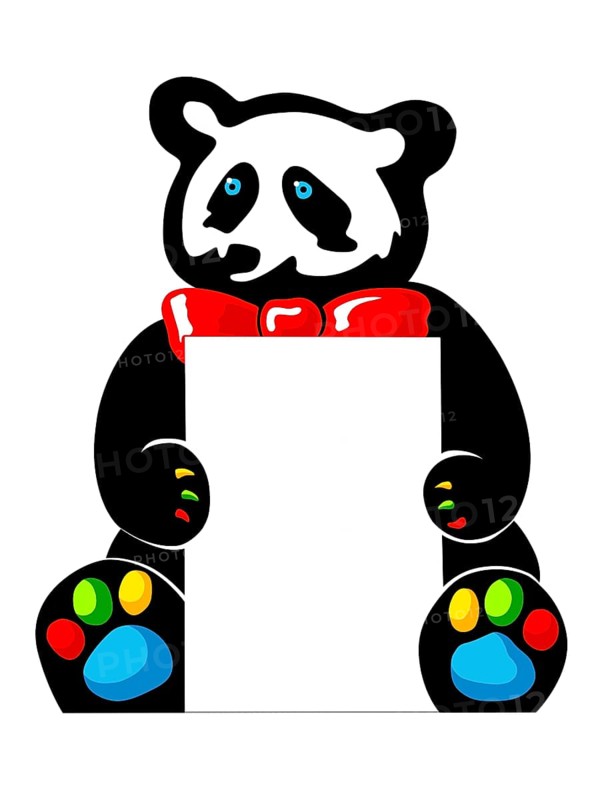 Funny illustration of a sitting colorful panda bear holding a white signboard