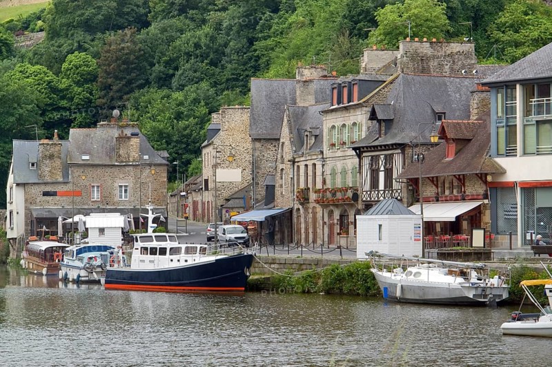 Idyllic scenery at the port of Dinan, a town in Brittany, France. It is located at the river Rance