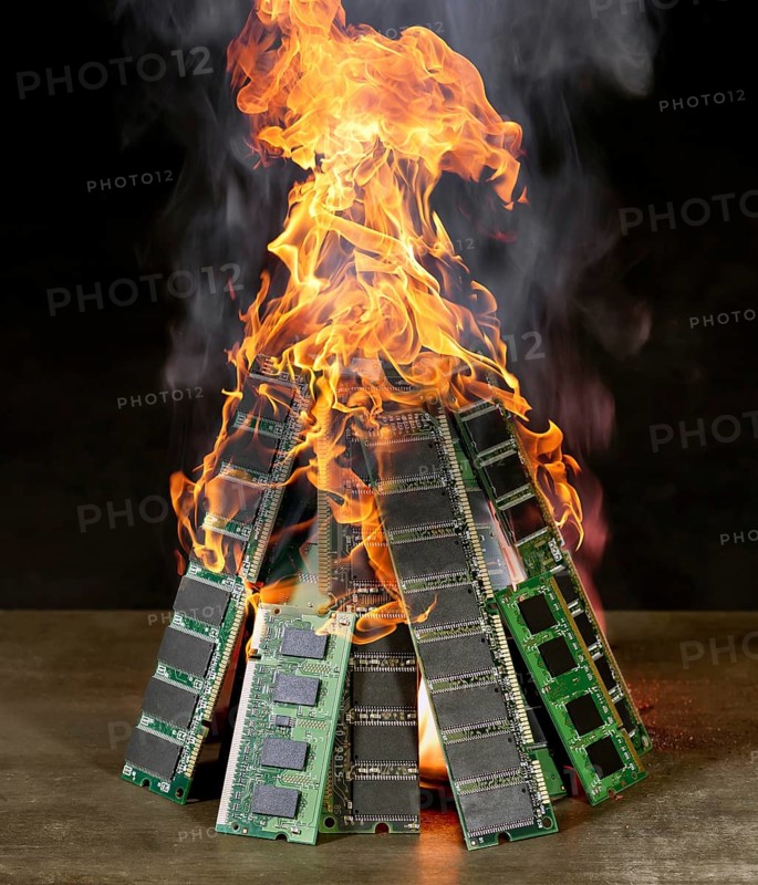 Burning pile of random access memory sticks in front of dark back