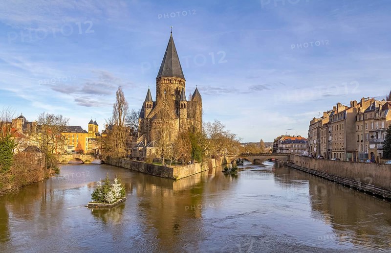 Scenery at evening time around the Temple Neuf, a protestant church in Metz located in France