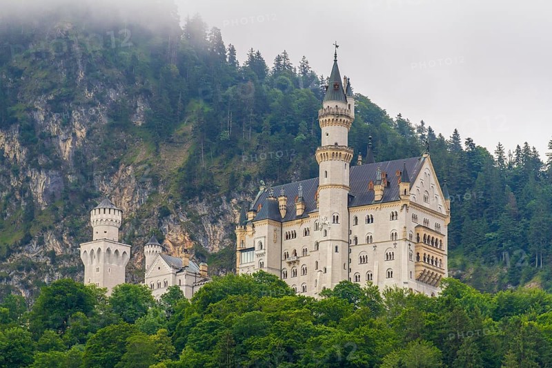 Neuschwanstein Castle above the village Hohenschwangau near Fuessen in Bavaria, germany