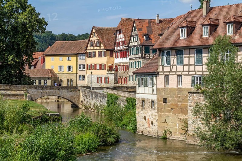 City view of a town named Schwaebisch Hall in Southern Germany at summer time