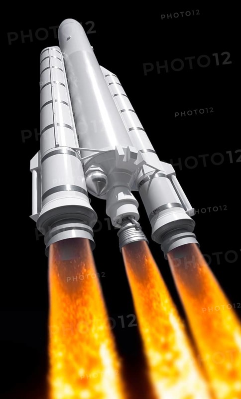 Model of a Ariane rocket with fire backblast in black back