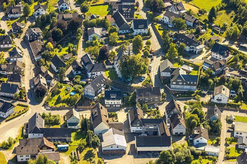 Aerial view, construction site and construction work with scaffolding at the heritage-protected catholic parish church St. Katharina in Heinsberg, Kirchhundem, Sauerland, North Rhine-Westphalia, Germany, place of worship, DE, Europe, religious community, place of worship, property tax, holy place, real estate, church, parish, denomination, aerial photograph, aerial photography, aerial photography, religion, religious site, overview, bird's-eye view, residential area, living and life, residential area, quality of life, residential neighbourhood, residential estate, residential district, birds-eyes view, overview