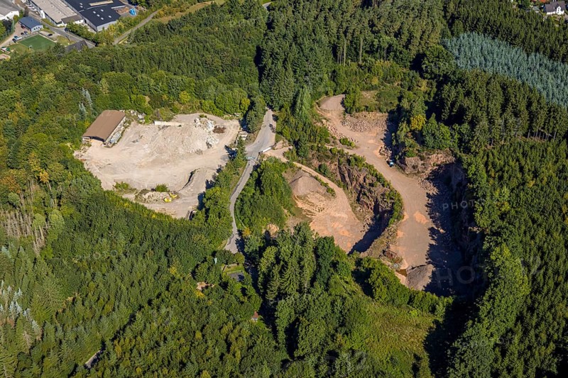 Aerial view, quarry Behle Am Königsberg in the forest area, Würdinghausen, Kirchhundem, Sauerland, North Rhine-Westphalia, Germany, DE, Europe, aerial view, aerial photography, aerial photography, quarry, overview, bird's-eye view, overview