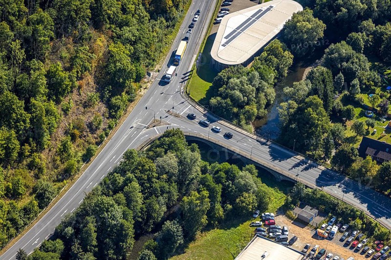 Aerial view, road traffic and Johannes bridge of the federal road B55 over the river Lenne, Bernard Marxen GmbH car dealer, Trockenbrück, Lennestadt, Sauerland, North Rhine-Westphalia, Germany, bridge, DE, Europe, commercial enterprise, commercial area, commercial area, commercial property, commercial location, commercial use, Kirchhundem, aerial view, aerial photography, aerial photography, road traffic, overview, bird's-eye view, overview