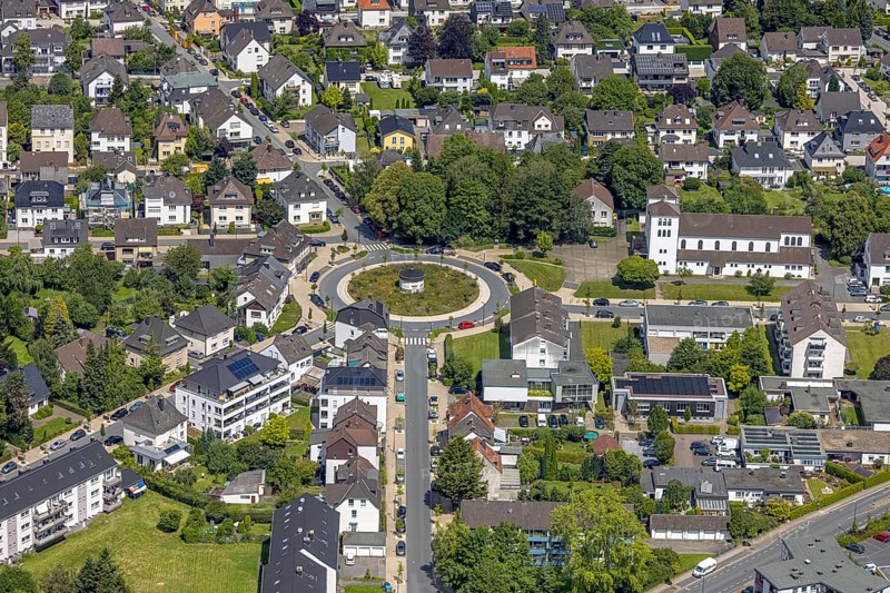 Catholic Church of St. Michael and roundabout Pfarrer-Leo-Reiners-Platz, Alter Holzweg, Michaelstraße, Karlstraße, Neheim, Arnsberg, Sauerland, North Rhine-Westphalia, Germany, Catholic Church, St. Michael, roundabout, Pfarrer-Leo-Reiners-Platz, church, religion, architecture, city, streets, traffic, building, landmark, place, city centre, cultural heritage, region, Europe, tourism, history, faith, outside view, journey, settlement, church tower, cobblestones, urban environment
